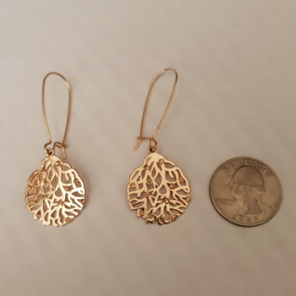 Vintage Pierced Round Dangle Earrings Gold Tone With Gold Tone Crystal Accents - Picture 4 of 5